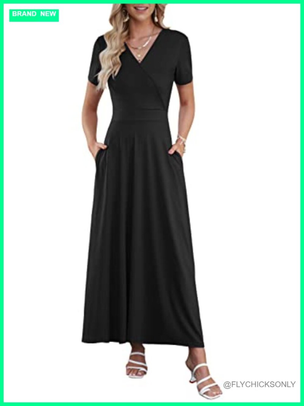 AUSELILY Women's Maxi Dress Short Sleeve V-Neck Wrap Beach Long Flowy